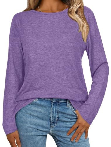 florynova Womens Long Sleeve Tops Round Neck Casual Shirts Loose Basic Tees Simple Solid Color Tunic Blouse(Purple,L)