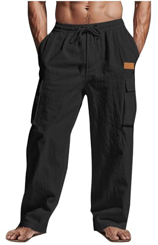CSHE Jogginghose Herren Sommer Leinenhose Leicht Freizeithose Bequem Atmungsaktive Sporthose Einfarbige Leinen Hose mit Taschen Elastischer Weite Bein Cargohose