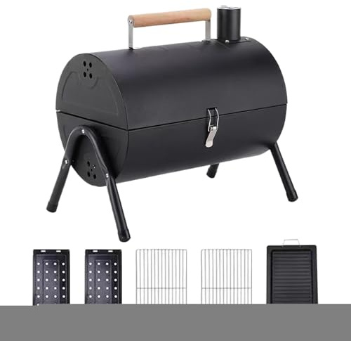 Barbacoa de barril, barbacoa de camping con función de ahumado, barril antideslizante antiadherente para el hogar, camping, terraza, jardín, balcón, picnic y exterior