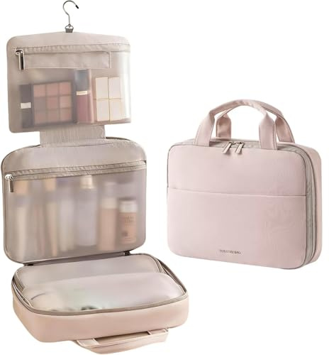 Dligerth Kulturtasche zum Aufhängen, Faltbare & wasserdichte Toilettentasche mit 3 Fächern - Große Kosmetiktasche/Schminktasche für Damen, Kulturbeutel, Reise & Ordnung-Rosa