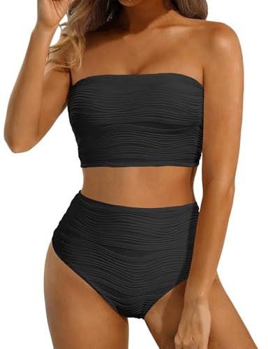 High Waisted Bandeau Bikini Set Women's Strapless Two Piece Swimsuits Ribbed Longline Full Coverage Bathing Suits Swimwear Swimming Costume Women Beach Vacation Holiday Essentials Black