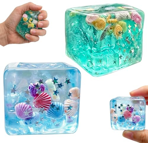 2 PCS Ice Cube Squishy, Ice Cube Stress Ball for Relaxation, Ocean Shell Design with Blue and Green Colors, Set of Two 4.5cm Squishy Cubes