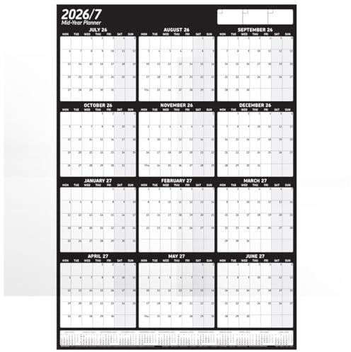 PlannerHead 2026/27 Academic Wall Planner/July 2026-June 2027 Calendar UK/Unmounted Unlaminated Year Planner Poster/Grid Portrait BlackA2+ 43cm x 62cm (Folded Flat)