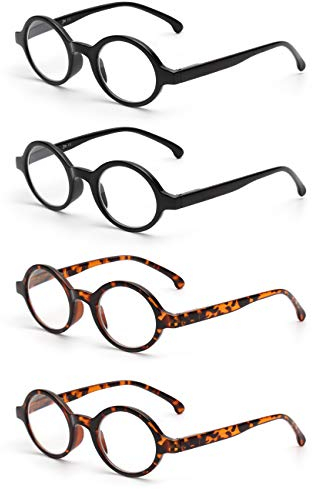 JM Conjunto de 4 Redondas Gafas de Lectura Con Bisagras de Resorte Lectores Hombre Mujer Anteojos Para Leer +1.0 Negro&Carey