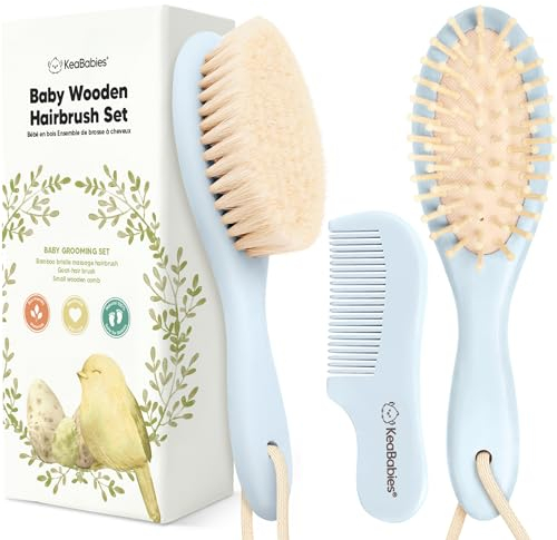 Baby Haarbürste & Baby Kamm Set - Baby Bürste mit weichen Ziegenborsten, Holz Babyhaarbürsten und Babykamm Set, Babybürste Neugeborene, Kleinkind, Säuglings Haarbürste, Wiegenkappe (Frost)