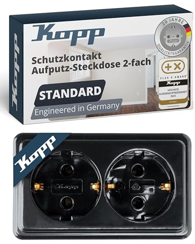 Kopp STANDARD 2-fach Schutzkontakt-Steckdose in Schwarz - Aufputz-Steckdose für Keller, Werkstatt & Garage - Sichere IP20 Doppelsteckdose-Aufputz - Feuchtraum-Wandsteckdose 16A / 250V~