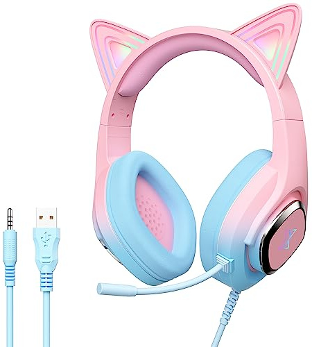 Mytrix Cat Ear Gaming Headset kompatibelt med PS4, PS5, Xbox, PC, MAC, Switch, Gradient rosa blå trådbundna spelhörlurar med 360° rotationsmikrofon, surroundljud, mjuk öronmuff, RGB-ljuseffekt