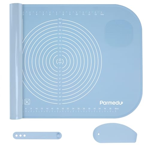 Parmedu Große Verdickte Silikon-Teigunterlage: 65x45cm Antihaft-Knetmatte mit Aufbewahrungsgurt & Teigschneider - Hitzebeständige Silikon-Backmatte Arbeitsplattenmatte Rutschfeste Teigausrollmatte