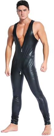 Rvlaugoaa Tuta Intera in Pelle da Uomini,Senza Maniche Cerniera Bodysuit,Tutine e Body in Pelle Lattice Gilet Jumpsuit Wetlook Catsuit (XL,Nero)