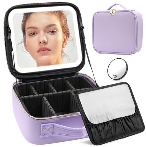 Travel Makeup Bag with Lighted Mirror, Makeup Organizer Bag with 3 Color Lighting Adjustable Brightness, Make up Case with Mirror and Lights Portable Cosmetic Storage Tools Accessories Gifts(Purple)