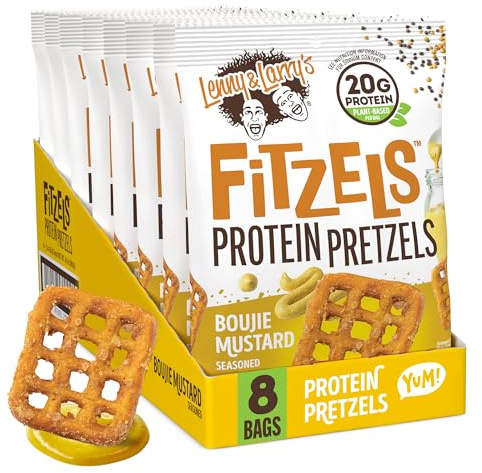 Lenny & Larry's - Fitzels Protein Pretzels (8 x 85g) – Boujie Mustard – 20g Eiweiß pro Portion – Protein Brezeln mit Senf Geschmack – Vegan – Ideal für unterwegs oder nach dem Training