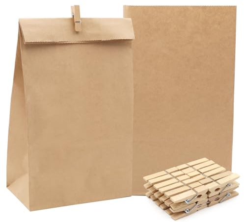 Braune Papiertüten mit Klammer - 25 Stück Krafttüten, Brottüten, Geschenktüten für Party (28 x 15 x 9 cm)