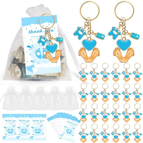 Glorlliant Lot de 20 porte-clés marques de pieds, fête prénatale pour enfants, cadeaux de remerciement avec étiquettes et sacs de gaze