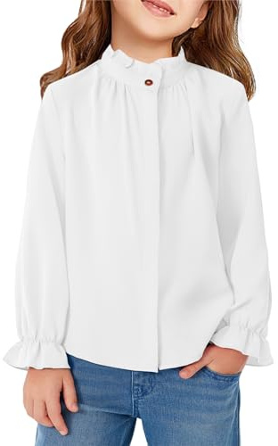 Haloumoning - Blusas de manga larga con frunces para niñas, con botón, cuello abotonado, camisa infantil bonita, Blanco, 8-10 años