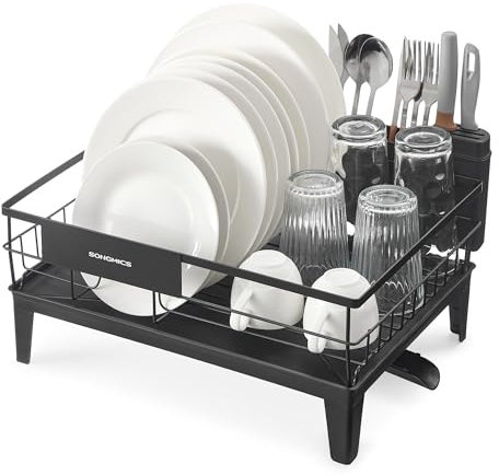 SONGMICS Dish Drying Rack, Dish Drainer for Kitchen Counter, 360° Rotatable and Extendable Spout, Drainboard, with Cutlery Holder, 31 x 42 x 18.5 cm, Ink Black KCS550B01