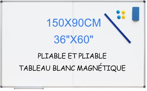 XIWODE grand tableau blanc pliable aimants 150x90cm cadre en aluminium mural pour Réunion/home rangement 75x90cm (Plier et accrocher le tableau blanc 3660)