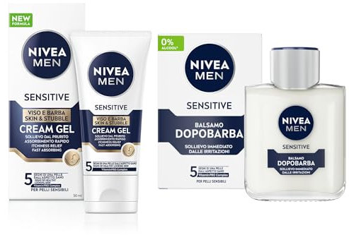 NIVEA MEN Sensitive Cofanetto Uomo, Kit barba uomo con Balsamo Dopobarba 100 ml lenitivo e Crema Viso e Barba Cream Gel 50 ml idratante per il post-rasatura delle pelli sensibili e arrossate