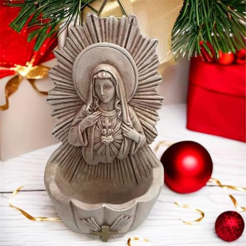 WEIDN Resins Holy Water Font Wall Mount with Key Storage Organizers, Virgin Religious Catholic Wall Hanging Statue Sculpture Church Wall Hanging Decor for First Communion, Confirmation