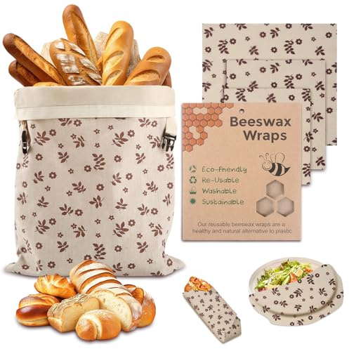 Beeswax Bread Bags, Reusable Organic Linen Beeswax Bread Bag for Sourdough, Keep Fresh and Large Capacity Portable Sourdough Storage Bags & 3 Beeswax Wraps for Gifting, Must-Have Baking Accessories