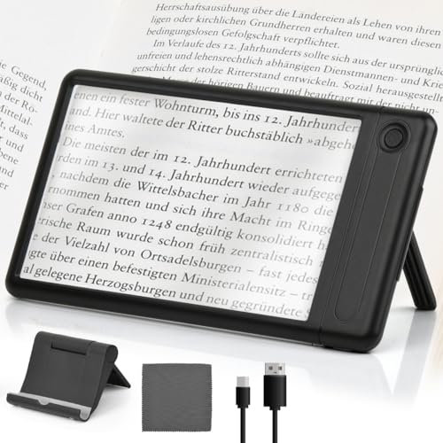 CENBEN 4X Magnifying Glass for Reading, Rechargeable Handheld Magnifying Glass with Light, Full Page Magnifier with 3 Brightness Levels Light for Elderly Reading Books, Newspaper, Small Print