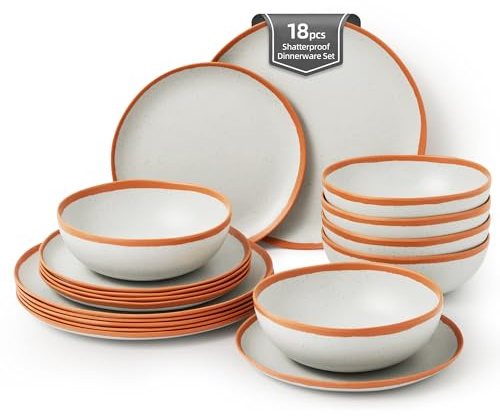 La Joventino 18PCS Vintage Citrus Rim Melamine Camping Plates and Bowls Set, Durable Dinner Set for 6 People Dinnerware Sets