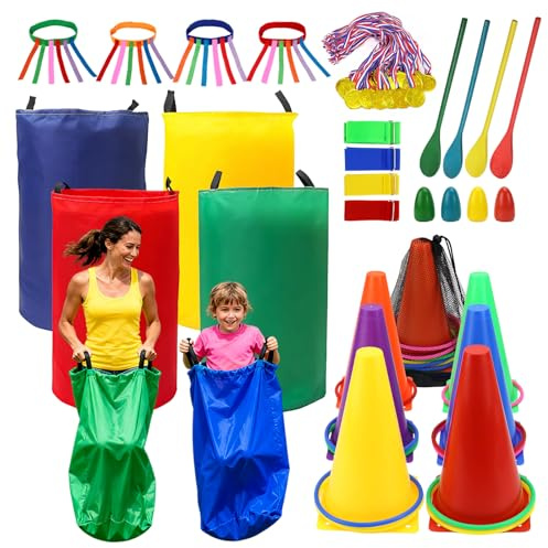 WJMY Juego de Juegos al Aire Libre para niños de cumpleaños Infantiles (5 en 1), Sacos, Juego de Lanzamiento de Anillos, Carrera de Huevos, Carreras de Tres Patas, Juego de jardín a Partir de 4, 5, 6