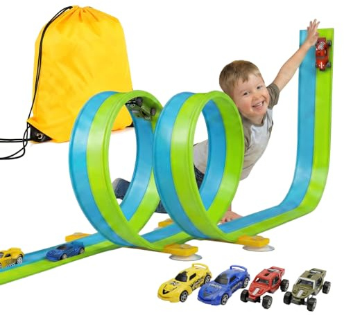 5M flexibelt bilbana-set med 2 slingor, 2-i-1 racerbana med bilar och bärväska, tyngdkraft och drag-back racerbana, leksaker för barn från 3 4 5 6 år, gåva för inomhus/utomhus (grön)