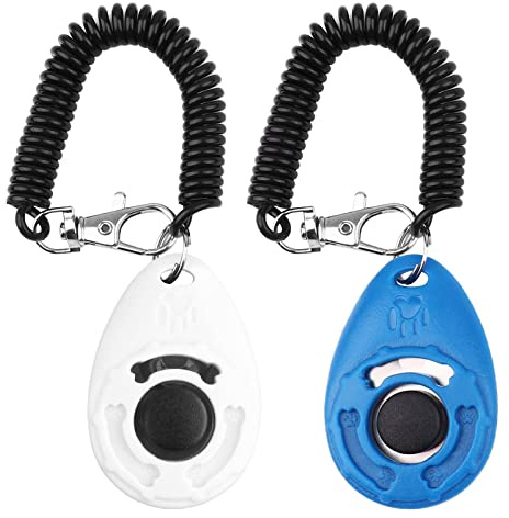OYEFLY Clicker para Adiestramiento Perro, 2 Piezas, Multicolor para la Muñeca para Perro Gato Caballo Training Clicker de adiestramiento para Perros Clicker con Correa (Azul y Blanco)