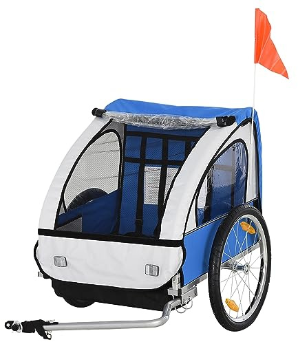 HOMCOM Remolque de bicicleta para niños con 2 asientos, 2 cinturones de seguridad, armazón de acero y funda de tela Oxford Azul