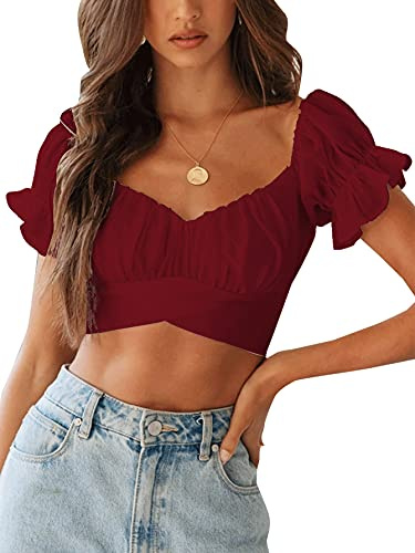 LYANER Women's Ruffle Short Sleeve Tie Up Back Crop Top Off Shoulder Bardot Blouse, Burgundy, M