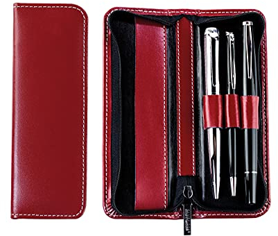 DELMON VARONE - Schreibgeräteetui Premium Cambridge Top Grain Leder Rot - Echtleder Stifteetui mit Reißverschluss für 3 Schreibgeräte - Federmäppchen Etui für hochwertige Kugelschreiber & Stifte