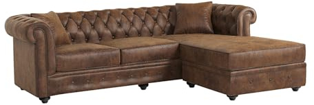Vente-unique-Sofá rinconera Reversible Chesterfield Toledo de Microfibra Envejecida - Marrón