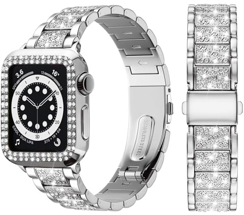 wutwuk Kompatibel mit Apple Watch Armband 45mm Damen, Strass Metall Armbänder mit Glitzer Harter PC Gehäuse Bling Diamant Ersatzarmband für iWatch Series 9 8 7 45mm, Silber