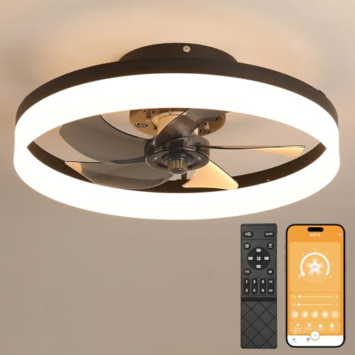 MOSSCO Deckenventilator mit Beleuchtung und Fernbedienung, LED Deckenleuchte Dimmbar, 3 Lichtfarben, 6 Windstufen, Moderne Lampe mit Ventilator Leise für Schlafzimmer Schwarz 50cm