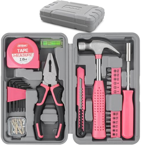 Hi-Spec Tool Set 25pc Pink Household DIY Tool Kit for Women. Small Mini Tool Box Set of Starter Basic Ladies Tools