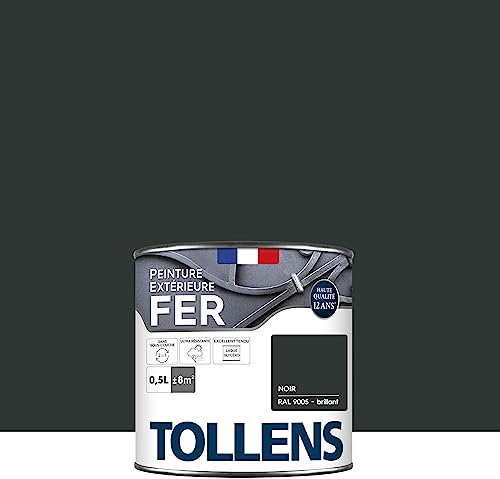 Tollens - Peinture extérieure fer 2 en 1 - Ultra Résistante - Protection antirouille - Laque Riche en Résine - Sans Sous-Couche - Entretien Facile - Brillant - Noir Brillant - 0,5L = 8m2