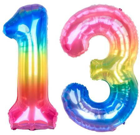 Ponmoo 40 inches Foil Balloons Numbers 13/31 Neon Rainbow (101cm), Inflatable Helium or Air, Giant Balloon Number 0-9, 10-29, 30-100, Grand Balloons for Anniversary Wedding Birthday Party Decoration