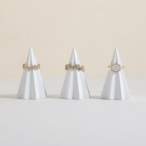 GemeShou 3pcs supporto esposizione anelli a cono bianco in gesso, porta-anelli a cono【Cono sottile in gesso con strisce-3pcs】