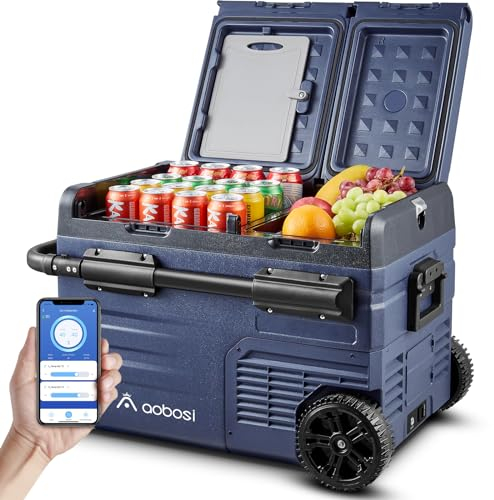 AAOBOSI 35L Kompressor Kühlbox, Dual Zone, Kühlbox Auto mit APP, USB-Handy-Ladung, LED-Beleuchtung, 12/24 V und 100-240 V, Kühlbox Kompressor mit Rädern, für Auto, Buggy, LKW, Boot, Camping und Reisen