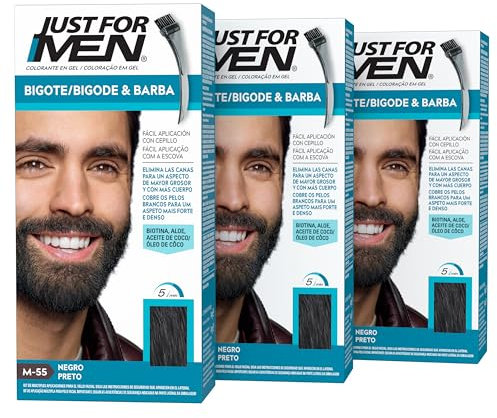 Just For Men Tintura Baffi E Barba, Rimuove I Capelli Grigi Per Un Aspetto Più Spesso E Pieno, Con Pennello Applicatore Incluso, Colore Nero, M55 (3 Pack)