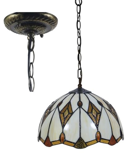 BOTOWI Tiffany Hanging Lamp, Stained Glass Ceiling Pendant Fixture with 12 Inch Wide Handmade Beige Lampshade, Cream Vintage Antique Pendant Lighting for Dining Hallway Kitchen Balcony,Baroque