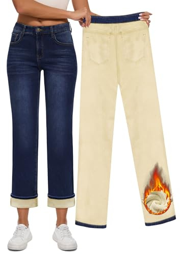 Yewfirm Women Fleece Lined Jeans Women's High Waisted Straight Leg Jeans Winter Fleece Lined Jean Pants Navy Blue Size 8