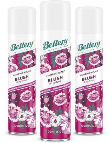 Bellery Blush Flirty Floral Dry Shampoo - Shampoo Secco Spray per Tutti i Tipi di Capelli - Formula Rinfrescante e Ravvivante - Fragranza Fruttata e Floreale - 3 Shampoo Spray da 200ml