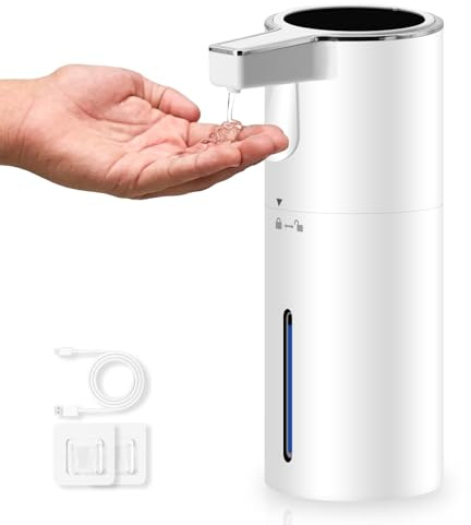 HMJIA Dispensador Jabón Semiautomático 400ml con Barra Táctil Dispensador de Jabón a Pilas Resistente al Agua IPX5 para Cocina y Baño con Accesorios de Montaje en Pared (Blanco Gel)