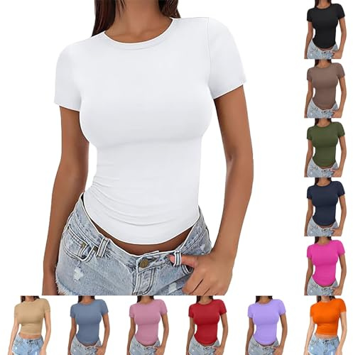T-shirt pour femme, moulant, manches courtes, col rond, extensible, coupe ajustée, t-shirt d'été, maillot de corps uni, basique, haut décontracté, haut doux, confortable, haut d'été, Blanc., XS