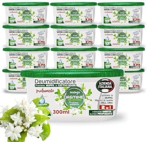 Deumidificatore Armadio Profumato Antimuffa e Assorbi Umidità 12x300ml, Ideale per Bagno, Casa e Ambienti con Muffa Stop (Gelsomino)