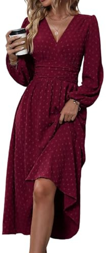 HUXRAKV Vestito Donna Elegante Manica Lunga Vita Alta Abito Scollo a V Casual Vestiti per Autunnale Invernale,WD37-Rosso Bordeaux,L