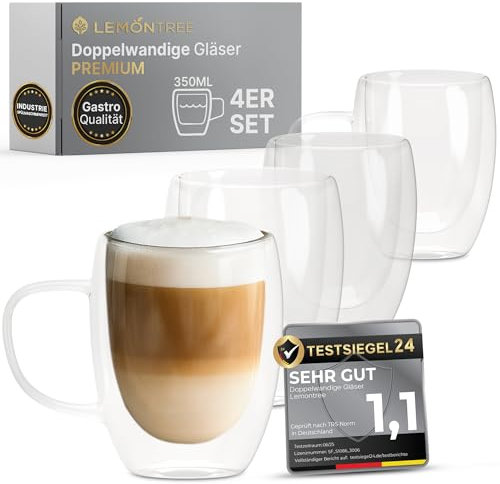 Lemontree 4er Set Latte Macchiato Gläser 350ml - 180 Grad spülmaschinenfest und hitzebeständig - Gastronomie Qualität - doppelwandige Kaffeegläser mit Henkel für Cappuccino Latte Macchiato