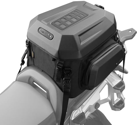 Rhinowalk Motorcycle Tail Bag Hard Shell – Expandable 23L-35L Rear Saddle Bag with Side Compartments, Waterproof Inner Liner, Helmet Storage, Backpack Convertible, ABS Top Case (Matte Black Shell)