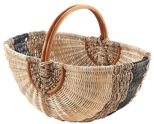 Kobolo Rattankorb | 49x31x34 cm | beige | handgefertigter Flechtkorb mit Henkel | stabiler Einkaufskorb aus Rattan | zeitloser Tragekorb für Wochenmarkt, Picknick, Haushalt, Aufbewahrung & Dekoration